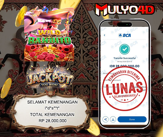 08 Sep 2026, Pukul 12:11:10 WIB, Selamat JP Wild Bandito  Mulyo4d Rp. 28,000,000