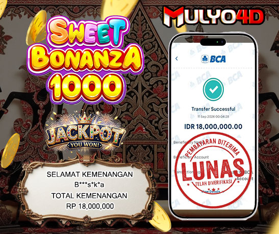 11 Sep 2026, Pukul 03:19:53 WIB, Selamat JP Sweet Bonanza 1000 Mulyo4d Rp. 18,000,000
