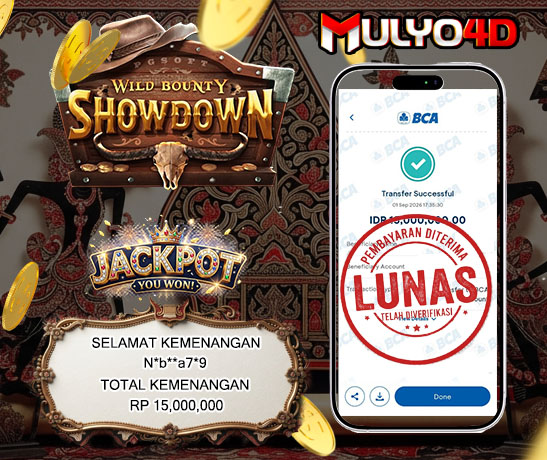 01 Sep 2026, Pukul 17:33:30 WIB, Selamat JP Wild Bounty Showdown Mulyo4d Rp. 15,000,000