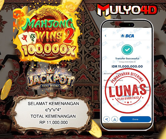 13 Sep 2026, Pukul 16:56:33 WIB, Selamat JP Mahjong Wins 2  Mulyo4d Rp. 11,000,000